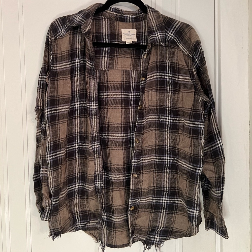 American Eagle Oversized Distressed Flannel Green size Small
